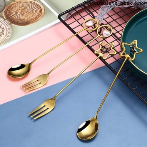 Bright gold Steel Dessert Spoon Set Creative Stainless Steel Star Heart Pendant Spoon Fork Coffee Stirring Dessert Spoon Golden
