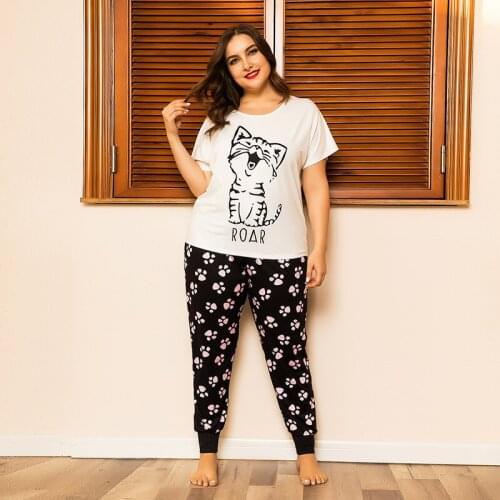 3XL 4XL Plus Size Women Summer Cats Cartoon Printing Pajama Sets Cute Short Sleeve Pajamas Pyjamas Autumn Homewear Sleepwear