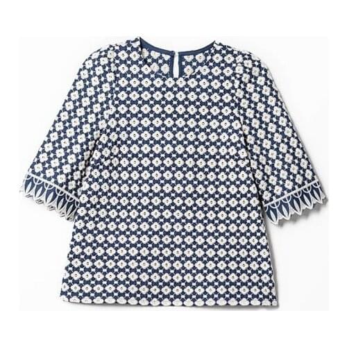 Ladies O Neck Elbow Sleeve Embroidery Patchwork Blouse Top