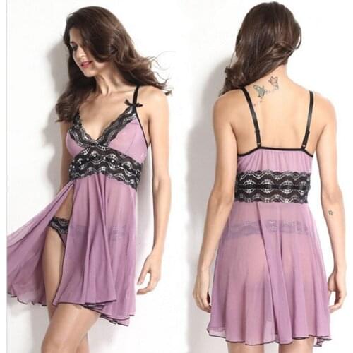 Women Nightdress Purple Babydoll Lady Fashion Deep V-Neck Lace Lingerie Sleepwear Backless Nightwear Plus Size Nightdress