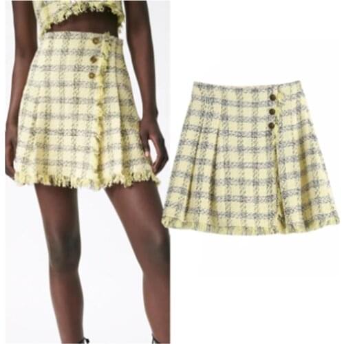Summer 2021 Za Yellow Plaid Women Skirt Pleated High Waist Mini Skirts Woman Fashion Textured Frayed A Line Short Skirts