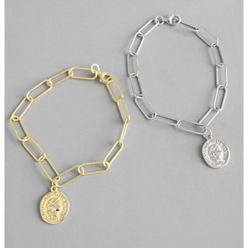 S925 sterling silver bracelet for women,Round coins thin chain vintage face pattern,party engagement fine jewelry Accessory