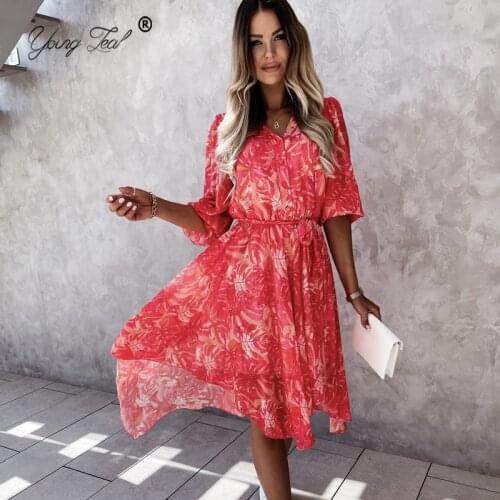 Boho V Neck Floral Print Dress Women Summer Casual Half Sleeve A Line Flower Irregular Dress 2021 Elegant Beach Party Sundress