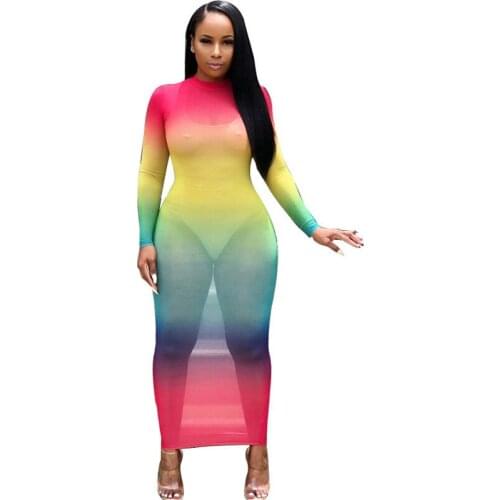 Rainbow Tie Dye Sheer Mesh Bodycon Maxi Dress Women Fall Long Sleeve See Through Bandage Dress Sexy Night Club Party Long Dress