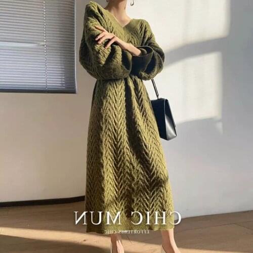 Dress Women Autumn Winter Knitted Elegant Solid Office Casual Loose Fashion Korean Long Sleeve V-neck