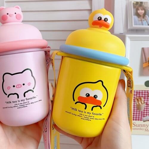 350ml Cute Thermos Flask With Strap For Children Girl Stainless Steel Insulated Portable Coffee Tea Hot Water Bottles