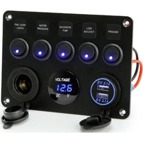 5 Gang LED Rocker Switches Control Panel Circuit Charger Car Marine Blue