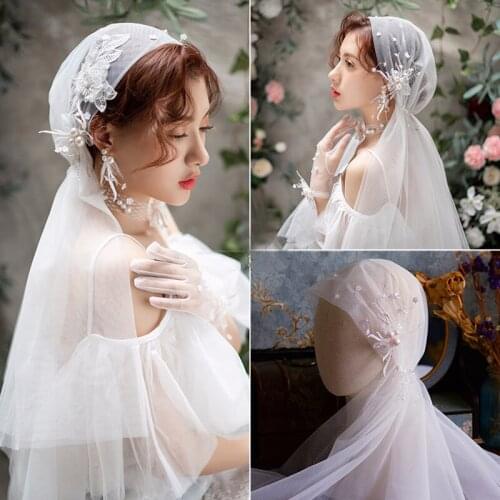 White Wedding Veil Crystal Tassel Bridal Veils Pearl Flower Hair Accessories Soft Veil