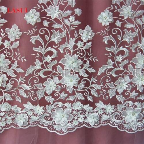 Noble 3D flower satin pearl embroidery lace fabric Hand-beaded for wedding dress costume bridal gown , X0296