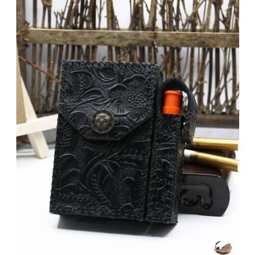 Cowhide Cigarette Case With Detachable Lighter Set 20 Sticks Tang Grass Flower Leather Cigarettes Storage Box Gadgets For Men