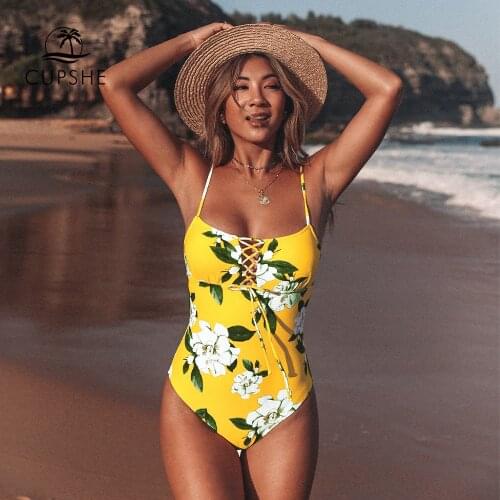 CUPSHE Yellow Floral Print One-piece Swimsuit Women Lace Up Adjustable Monokini Bathing Suits 2021 New Girl Boho Swimwear