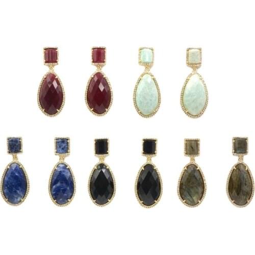 Long Teardrop Earring Natural Crystal Quartz Gems Dangle Earring red jades Labradorite Amazonite Black Agates Earrings For Women