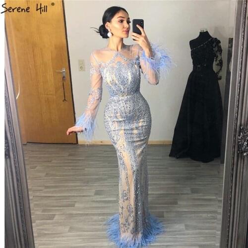 Blue Long Sleeve Feathers Sequined Evening Dresses Dubai Mermaid Luxury Evening Gowns 2020 Serene Hill LA60932