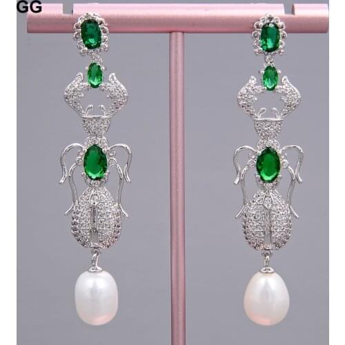GuaiGuai Jewelry Teardrop White Sea Shell Pearl Green Cz Pave Insect Earrings