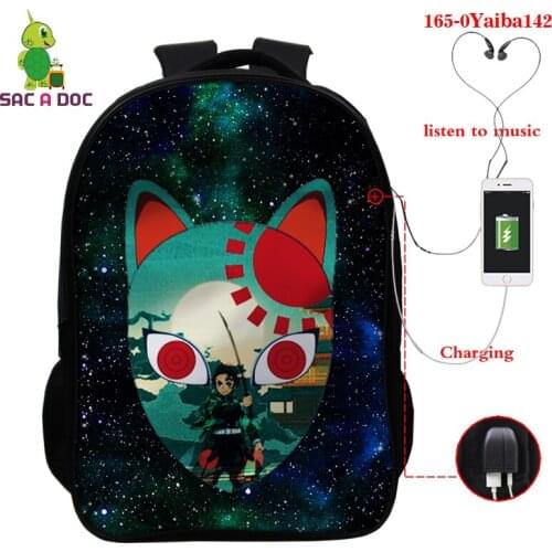 Kimetsu No Yaiba Print Backpack Cool Tiger Back To School Teenager Backpack Travel Rucksack with USB Charger Mochilas Sac A Dos