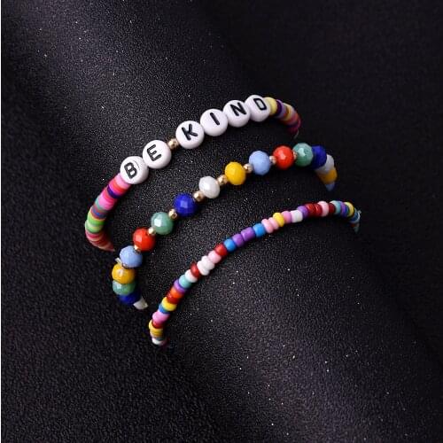 3pcs Trendy Bohemian English Letter Alphabet Bracelet Multilayer Color Rice Beads Wrist Bracelets Charm Women Elasticity Jewelry