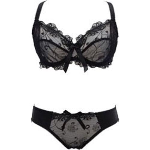 Ultra Thin Womens Underwear Set Floral Lace Gauze Women Bra Set 2 Layers Lace Bra and Panties 2 Colors Black Blue Lingerie Set