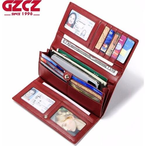 High Quality Women Wallet Brand Design Genuine Leather Wallets Long Red Fashion Purse Trifold Clutch Card Holder And Phone Bags