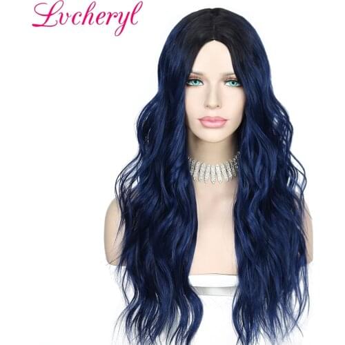 Lvcheryl Middle-Part Machine Made Wig Synthetic Simulated Scalp Wave Blue Women Wig Hair High Temperature Cosplay Party Daily