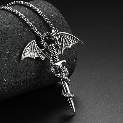 Mens Dragon Pendant Necklace With Rope Vintage Metal Dragon Wing Cross Sword Punk Rock Gothic Necklaces Unique Design