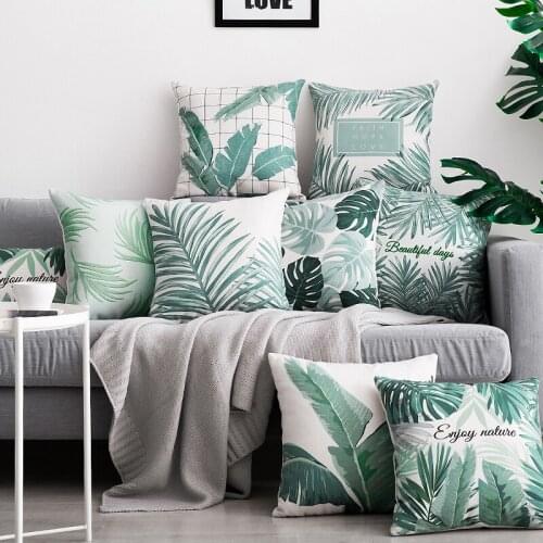 Tropical Style Green Leaves Palm Leaf Printed Cushion Cover Home Decorative Sofa Coffee Car Chair Throw Pillow Case Almofada