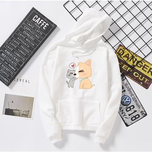 Autumn Kawaii Hoodies Corgi Dog Cat Heart-shaped Print Women Men Sweatshirt Japanese Harajuku Streetwear Long Sleeve Pullover