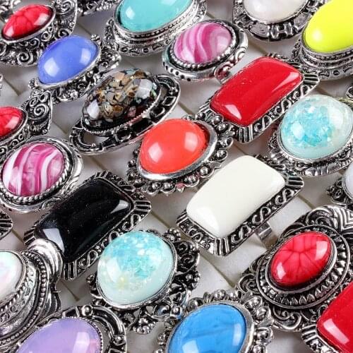 QianBei Wholesale 50pcs Lots Zinc Alloy Retrol Multicolor Resin Stone Finger Ring for Women Wedding Engagement Jewelry Gifts
