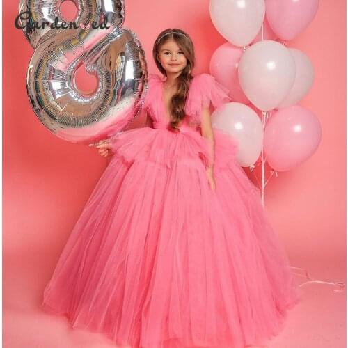 Pink Kids Flower Girl Dresses Tulle Layers First Communion Dresses Puff sleeves Bow Knot Girl Wedding Little Bride Dresses