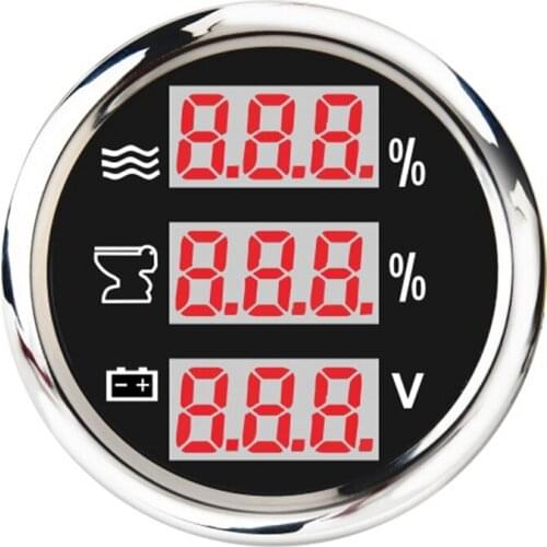 Universal 52mm 3 in 1 Multi-Function Digital Gauge Water Level Waste Holding Tank Indicator Voltmeter with Alarm