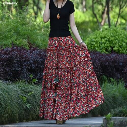 TIYIHAILEY Free Shipping 2021 New Fashion Long Maxi A-line Elastic Waist Women Summer Cotton Print Flower Red Big Hem Skirt