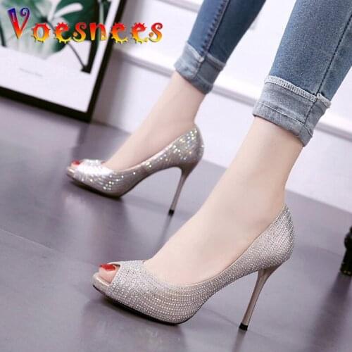 HOT Crystal Womens High Heels 9CM Fish Mouth Gladiator Female Party Wedding Ladies Leather Shoes Open Toe Fashion Office Shoes