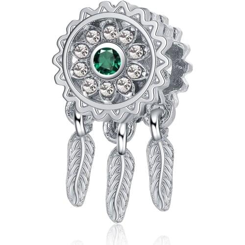 New Original Alloy Bead Floral Dream Catcher Charm Green Stone Fit Pandora Bracelet Bangle DIY Women Jewelry Dropship