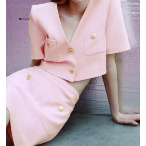 Chic Pink Women Sets Office Lady Summer 2 Pieces Short Sleeve Cropped Top Blazer and High Waist Pockets Mini Skirts Shorts