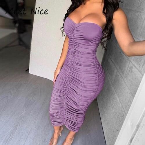 Women Summer Dress Sexy Strapless Bodycon Midi Dresses Woman Party Night Wear Pleated Long Robe Femme Casual Dress