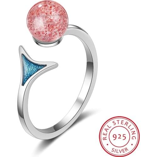 925 Sterling Silver Pink Strawberry Crystal Ball Fish Tail Mermaid Rings For Women Finger Open Rings For Party Birthday Gift