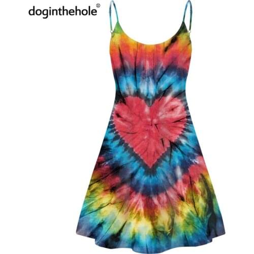 Heart Tie-dye Pattern Womens Sling Dress Crew Neck Sleeveless Teen Girls Colorful Sundress 2020 New Fashion Streetwear