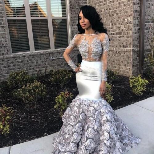 Sexy African Mermaid Silver Prom Dresses Long 2019 Illusion Top Long Sleeves Appliqued Party Gown With Floral Train