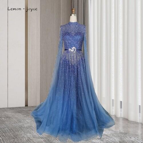 Lemon Joyce Blue Dubai Beading Evening Dresses 2021 Luxury Long Sleeves High Neck Crystals A-line Musilm Evening Gown Plus size