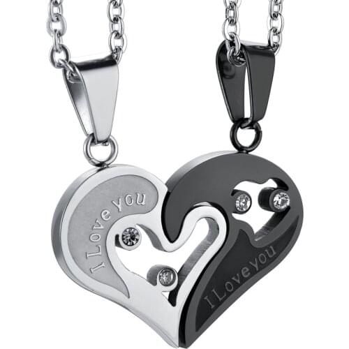 2pcs Heart-shape "I Love You" Stainless Steel Couple Lovers Half Heart Pendant Necklace Puzzle pendant necklace(One Pair)