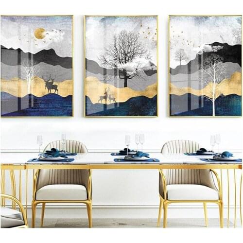 3pcs Abstract Gold Deer Tree landscape mountain Canvas Modern Big Wall Art Picture for Living Room Blue Purple Poster HD Print