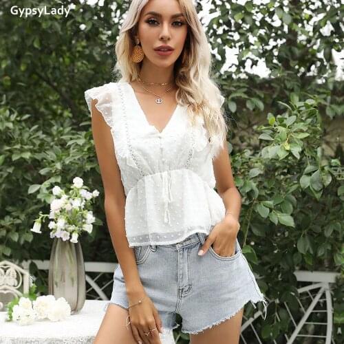 GypsyLady White Dobby Blouse Shirt Summer Sexy Holiday Women Blouse Flare Sleeve Casual Chic Office Ladies Female Tops 2021