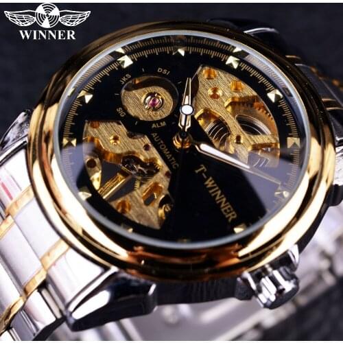 Winner 2016 New Design Men Watches Top Brand Luxury Watch Half Skeleton Black Golden Transparent Fashion Casual Mechanical Watch