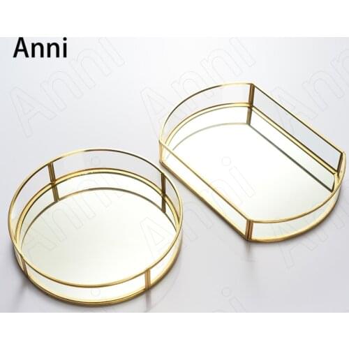Golden Stroke Mirror Trays Decorative Nordic Modern Copper Strip Jewelry Cosmetic Storage Display Tray Dressing Table Decoration