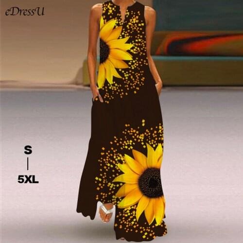 EDressU 2021 Women Floral Print Long Maxi Dress Plus Size Sleeveless Summer Bohemian Boho Holiday Casual Beach Dress YX-71