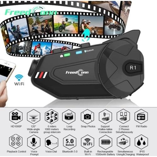Freedconn R1 Plus Helmet Headset 1080P HD Camera WiFi Bluetooth 5.0 Motorcycle Group Intercom Waterproof HD Lens for 6 Riders