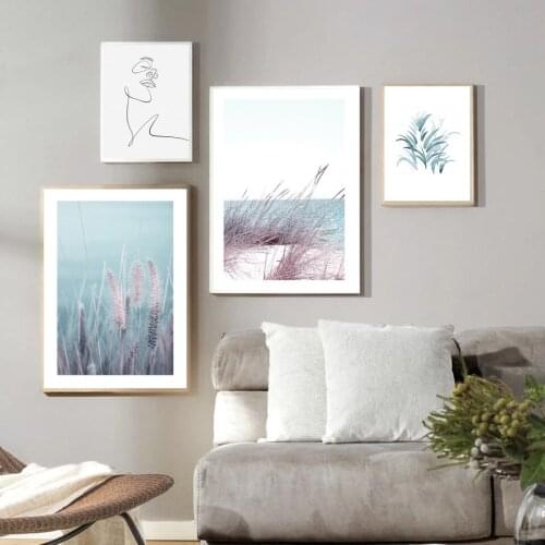 Nordic Minimalism Women Line Canvas Art Print Painting Poster Pink Sea Grass Wall Pictures For Living Room Home Salon Wall Decor