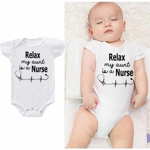 White Summer Newborn Bodysuits Kids Jumpsuits Short Sleeve Infant Outfits Relax My Aunt Is A Nurse Letters Print Onesie Outwear