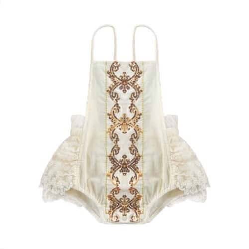 Baby Girls Cotton Linen Romper Summer Lace Print Sequin Sleeveless Sling Bodysuit One-piece Suit for Infant Girls Jumpsuits