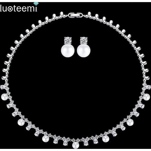 LUOTEEMI Elegant Jewelry Set for Women White Gold Color Stud Earrings Choker Imitation Pearl Zircon Necklace Wedding Accessories