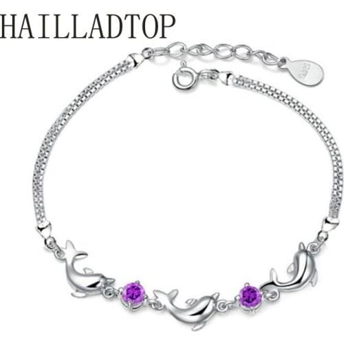 Fashion Jewelry Shining Purple Clear Crystal Rhinestone Bracelet Lovely Dolphins Bracelet Woman Summer Jewerly Chain Bracelet